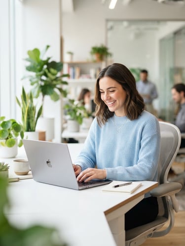 A smiling young professional sitting at a bright, sunlit desk, typing on a laptop, soft green plants in the background, clean modern workspace, high-key studio lighting, shallow depth of field, 35mm
