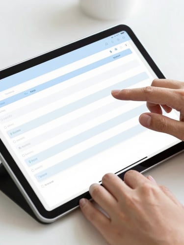 Close-up of hands typing on a modern tablet with a clean user interface showing a simplified budget spreadsheet, bright natural daylight, clean white desk, 35mm