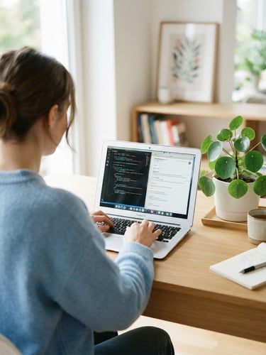 Bright modern photography, natural daylight, soft blue and green tones. Over-the-shoulder shot of a person in a bright home office typing on a laptop, showing a clean workspace with a green plant.
