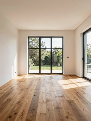 Architectural editorial photo of a finished modern living room, warm oak flooring, clean plaster walls, bright natural daylight streaming through a large black-framed window