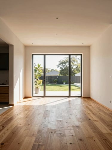 Straight-on architectural shot of a modern home interior with warm oak flooring, clean lines, and bright natural daylight streaming through a large window