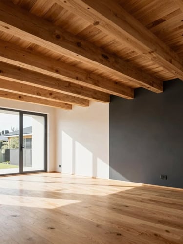 Architectural editorial photograph of a modern living room with exposed solid wood ceiling beams, bright natural daylight, warm oak floors, minimalist decor.