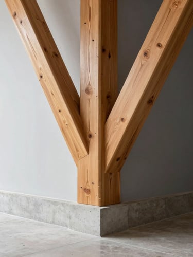 Straight-on architectural detail of a reinforced oak support joint meeting a clean concrete foundation, natural side lighting, sharp focus.