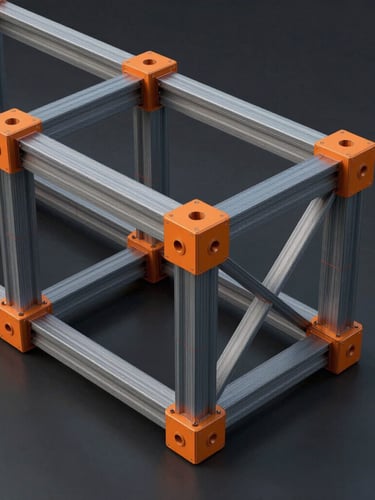 Technical orthographic perspective of a complex 3D CAD structural model, steel joints highlighted in technical orange, dark background, sharp lines.