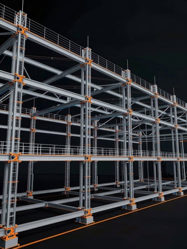 Technical orthographic perspective of a complex structural steel framework, CAD/BIM wireframe overlay, cool technical orange lighting accents, high-contrast dark background.