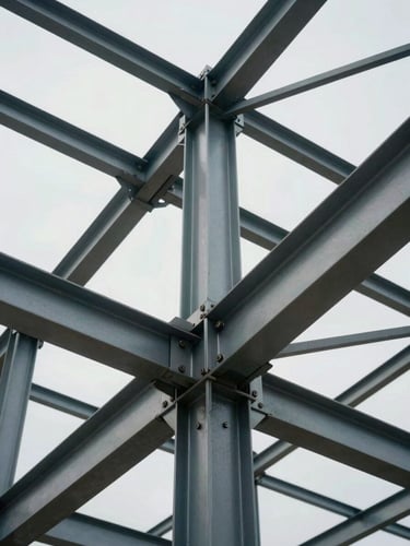 Dramatic low-angle shot of structural steel framework under technical daylight, highlighting precise metallic connections and engineering alignment.