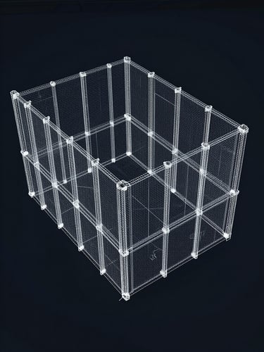 Technical orthographic perspective of a CAD structural layout, showing high-contrast blueprint lines on a dark background.