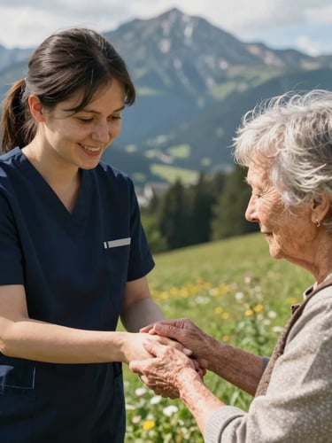 Nahaufnahme einer jungen Pflegerin im Allgäu, die lächelnd die Hand einer älteren Dame hält, natürliches alpines Tageslicht, authentische Interaktion.
