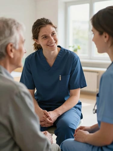 A close-up of human interaction, a warm conversation between an elderly resident and a young non-EU nursing apprentice in a modern, bright care facility in Kempten, soft natural morning light.