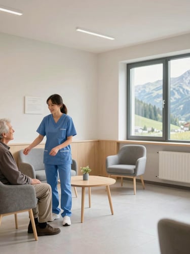 Wide panoramic 21:9 shot of a bright, modern care facility common room in the Allgäu, a friendly young caregiver interacting with an elderly resident on the left, soft alpine mountain view visible through the clean window on the right.