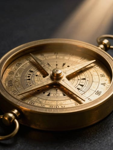 Macro photograph of a heavy brass astrolabe reflecting a single beam of golden light in a dark, shadow-filled room, revealing intricate mathematical engravings.