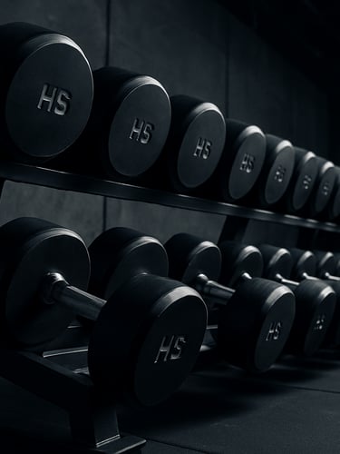Low-angle dramatic shot of empty premium gym floor, featuring rows of high-end custom HS dumbbells on sleek steel racks, sharp focus, metallic textures, 50mm