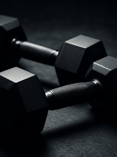 Close-up of pristine, matte-finished dumbbells showing precise branding, dramatic low-key industrial lighting with strong directional highlights on the metallic textures, sharp focus, 50mm