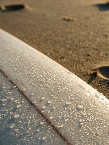 Close-up of a high-performance surf board rail with salt water droplets glistening under intense golden hour sun, high contrast sand in the background.
