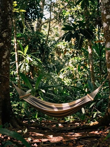 A cozy hammock strung between two massive trees in a lush Nicaraguan jungle, soft dappled sunlight filtering through leaves, serene atmosphere