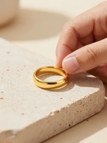 Macro detail shot of a child's hand holding a solid gold ring, resting on a textured cream stone under warm natural sunlight, soft shadows, 35mm lens