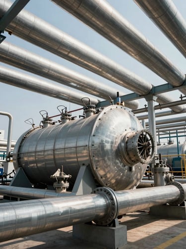 Cinematic wide-angle view of a heavy industrial gas turbine facility, harsh midday sun, steel pipelines reflecting light, clean geometric composition.