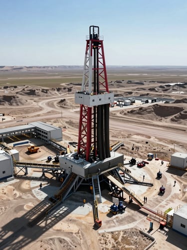 Wide-angle aerial view of a Permian Basin drilling site under harsh midday sun, massive steel structures, desert landscape, high contrast, industrial scale.