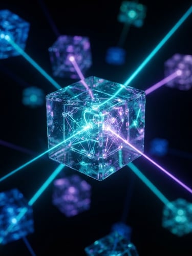 Extreme close-up macro shot of abstract 3D glass cubes representing isolated virtual environments, glowing deep cyan and violet light beams cutting through an obsidian-black background, sharp depth of field, 35mm
