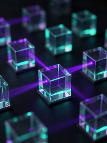 Abstract 3D glass cubes representing isolated virtual machines, glowing electric purple light beams cutting through darkness, 35mm
