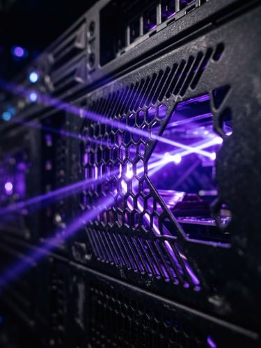 Extreme close-up of a dark obsidian server chassis, sharp electric purple light beams cutting through the chassis vents, 35mm cinematic photography, shallow depth of field