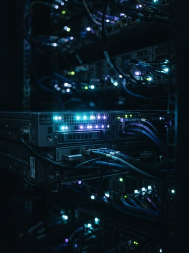 Extreme close-up macro shot of server racks with cool-toned LED indicators, dark atmospheric technical environment, cinematic lighting, 35mm