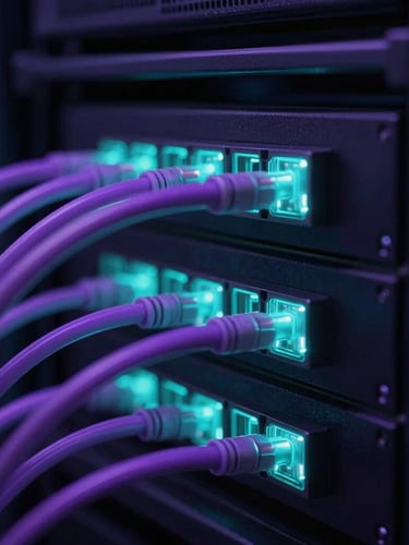 Extreme close-up macro shot of glowing server nodes and violet fiber optic cables in a dark obsidian-black rack, 35mm cinematic.