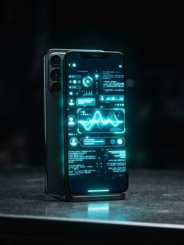 Modernes Smartphone mit aktivem KI-Chatbot-Interface, umgeben von einem subtilen türkisen Leuchten, auf dunklem Hintergrund, scharfer Fokus, 35mm Linse.
