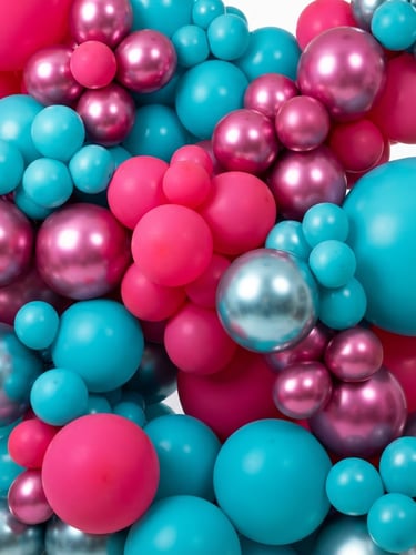 Close-up of vibrant high-key matte and chrome latex balloons in fuchsia and turquoise, crisp studio light, sharp focus, professional balloon installation, 35mm
