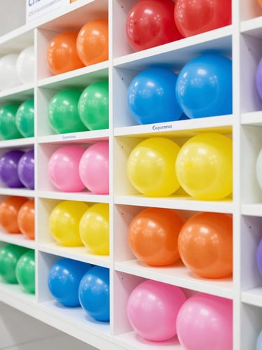 Close-up of organized balloon color swatches and shelves with premium balloon brands inside a bright, clean Columbus showroom, sharp focus, vibrant colors