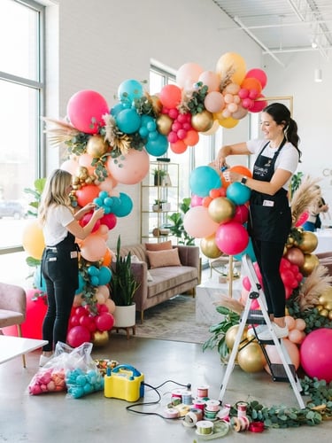 Bright high-key product photography of a professional balloon installation being prepared inside a modern Columbus showroom, vibrant saturated colors, crisp studio light, 35mm