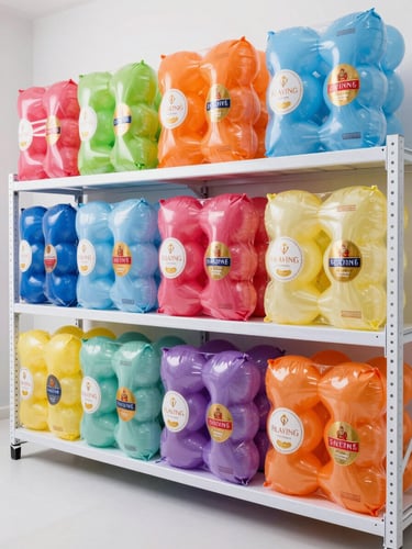 An organized warehouse shelf filled with neatly stacked colorful balloon packages of premium brands, bright studio lighting, clean and professional