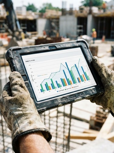 Close-up of a rugged tablet displaying a real-time construction budget graph, held by hands wearing dirty work gloves, bright daylight, high contrast, 35mm