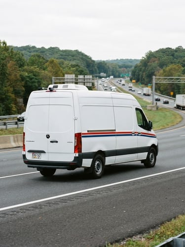 Branded expedited transport van driving on a regional highway in Maryland, crisp morning light, sharp focus, 35mm lens