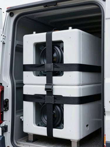 Close-up of industrial heavy-duty cargo strap securing high-value machinery inside a clean transport vehicle, crisp daylight, high contrast, 35mm lens