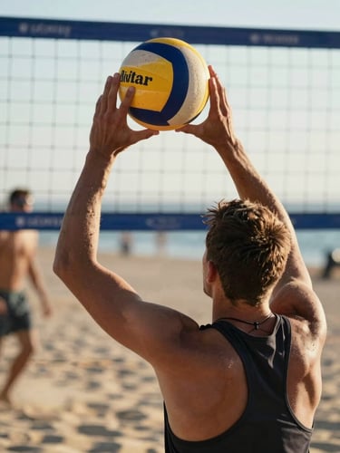 Close documentary frame: a beach volleyball athlete's hands gripping the ball at shoulder height on an outdoor court, sand mid-air from a recent play, natural afternoon sunlight from the left, out-of-focus net visible in the background