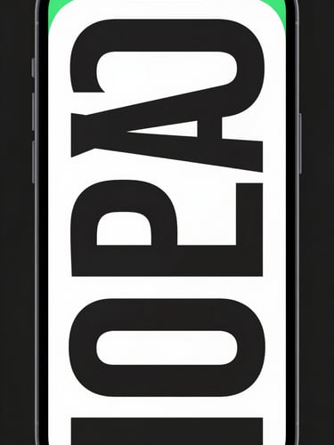 A close-up portrait shot of a mobile UI showing clean geometric typography, sharp green accent borders, and dark mode interface elements