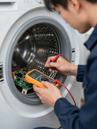 Tight macro shot of a technician in a clean navy uniform using a digital multimeter to test a complex circuit board inside a modern washing machine, sharp direct utility light.