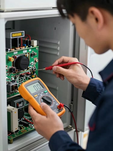 A close-up shot of a technician in a dark blue uniform using a digital multimeter to test a refrigerator circuit board, sharp focus, bright utility lighting.