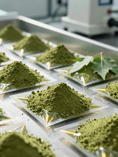 Wide-angle editorial shot of clean, green Moringa leaf powder being packaged in a high-tech clinical facility, bright natural sunlight, premium agricultural corporate feel.