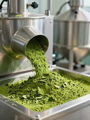 Sharp editorial agricultural photograph of clean, modern stainless steel processing facility with vibrant green leaf powder being packaged under clinical lighting