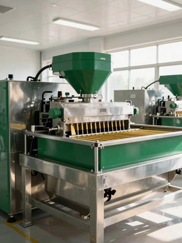 Wide-angle editorial photograph of a high-tech stainless steel Moringa processing facility, clean clinical lighting, sharp focus on industrial milling equipment, rich deep green accents, 35mm