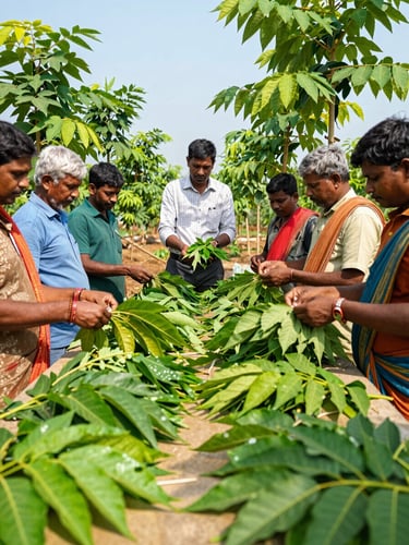 An educational agricultural seminar in Maharashtra, a professional trainer showing a group of farmers how to grade vibrant green Moringa leaves under bright natural sunlight, 35mm editorial photography.