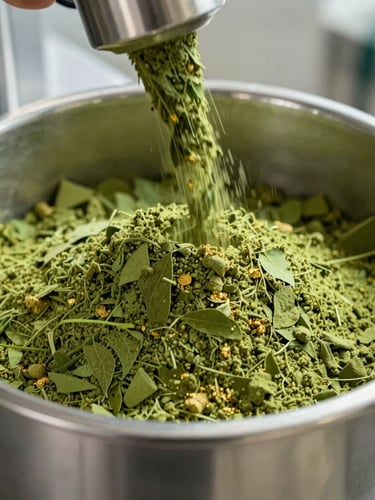 Close-up of vibrant green Moringa leaf powder being processed in a clean, high-tech stainless steel facility, bright clinical lighting, high-detail focus