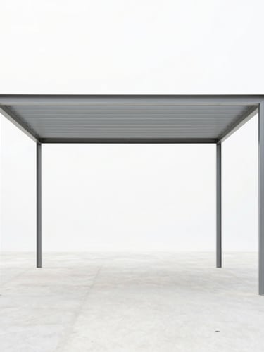 Straight-on geometric architectural photograph of a minimalist steel-framed garden pavilion under bright overcast daylight, cool desaturated tones, sharp focus, 35mm lens, showing clean structural joints and generous negative space