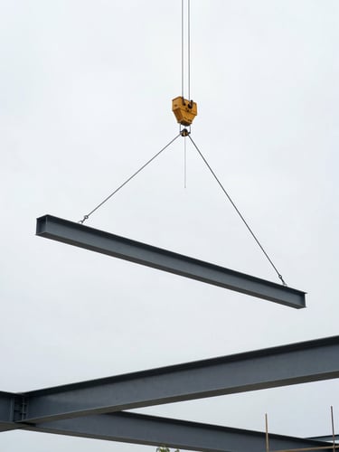 Architectural garden structure under construction, crane lifting a minimalist steel beam into place, bright overcast daylight, sharp focus
