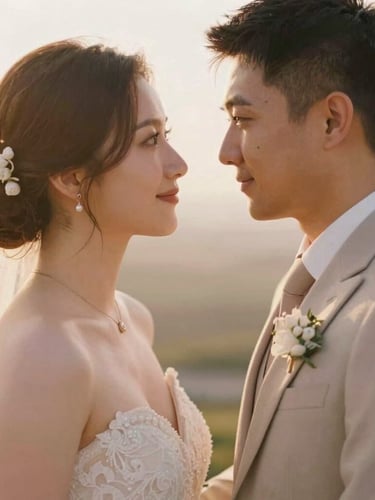 Warm editorial wedding couple portrait, golden-hour backlight, soft champagne and blush tones, shallow depth of field, 35mm film, looking at each other