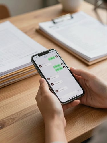 Warm natural daylight, close-up of a woman's hands holding a smartphone displaying a clean chat interface next to organized paper folders on a wooden desk.