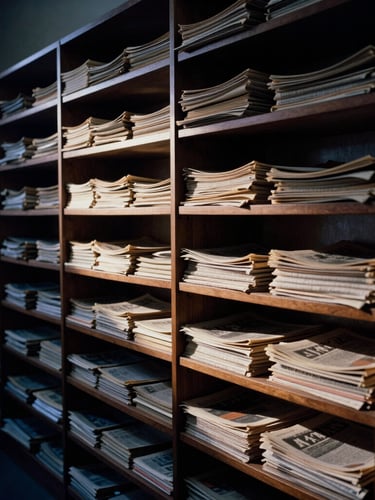 Moody editorial photography of a quiet, empty newsroom archive at dusk, dramatic chiaroscuro lighting, rows of wooden shelves with old newspapers, deep ink-blue shadows and warm cream highlights, 35mm film grain.