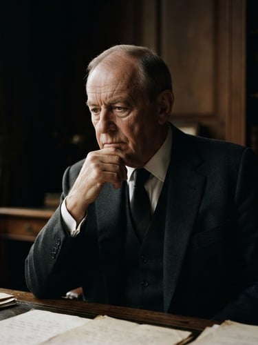 Dramatic chiaroscuro portrait of an elderly statesman in deep thought, soft window light casting long shadows, warm cream tones, 35mm film grain style